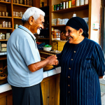 A curious traveler, fully clothed in modest, practical attire, respectfully engaging in a warm conversation with a friendly local shopkeeper in a traditional, non-touristy setting. The shopkeeper, an older person with a genuine smile, stands behind a counter displaying everyday goods or local crafts. The scene is bathed in soft, natural light, emphasizing authentic human connection and cultural appreciation. The background subtly hints at a quiet, community-focused street or interior. The image should feature perfect anatomy, correct proportions, and a natural pose for all subjects, with well-formed hands and proper finger count. This content is safe for work, appropriate content, fully clothed, and family-friendly professional photography, high quality.