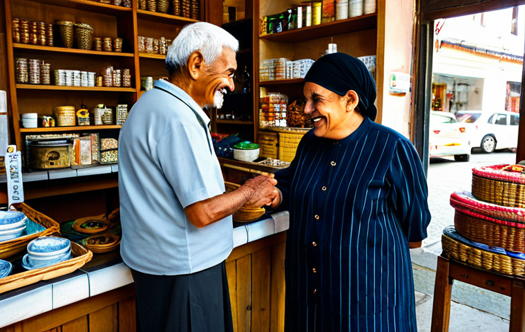A curious traveler, fully clothed in modest, practical attire, respectfully engaging in a warm conversation with a friendly local shopkeeper in a traditional, non-touristy setting. The shopkeeper, an older person with a genuine smile, stands behind a counter displaying everyday goods or local crafts. The scene is bathed in soft, natural light, emphasizing authentic human connection and cultural appreciation. The background subtly hints at a quiet, community-focused street or interior. The image should feature perfect anatomy, correct proportions, and a natural pose for all subjects, with well-formed hands and proper finger count. This content is safe for work, appropriate content, fully clothed, and family-friendly professional photography, high quality.