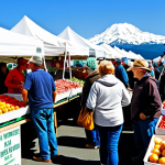 A Bustling Farmers Market Scene**

"A vibrant farmers market in the Pacific Northwest, USA. Stalls overflowing with fresh produce: berries, apples, heirloom tomatoes, artisan breads. Diverse crowd of people browsing and chatting with farmers. In the background, a snow-capped mountain range. Warm, natural lighting. Focus on the colorful produce and the friendly interactions. safe for work, appropriate content, fully clothed, professional, perfect anatomy, natural proportions, well-formed hands, proper finger count, high resolution, detailed."

**