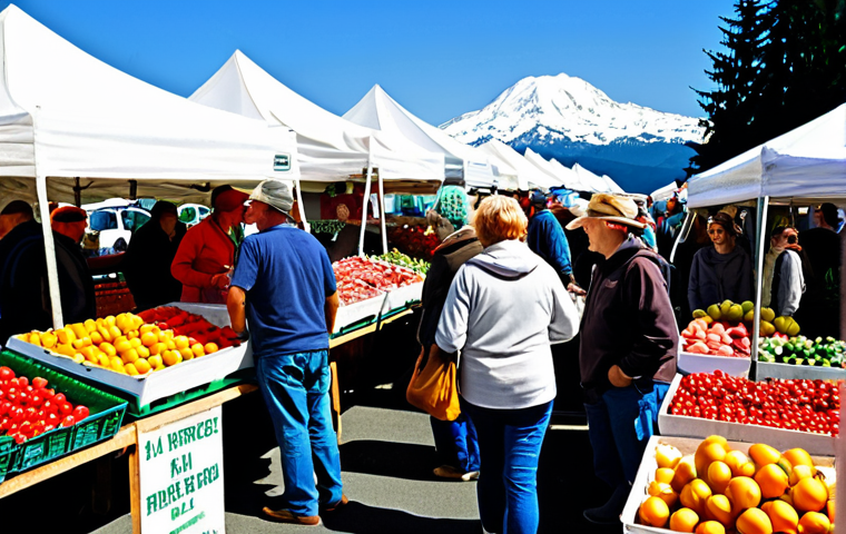 A Bustling Farmers Market Scene**
"A vibrant farmers market in the Pacific Northwest, USA. Stalls overflowing with fresh produce: berries, apples, heirloom tomatoes, artisan breads. Diverse crowd of people browsing and chatting with farmers. In the background, a snow-capped mountain range. Warm, natural lighting. Focus on the colorful produce and the friendly interactions. safe for work, appropriate content, fully clothed, professional, perfect anatomy, natural proportions, well-formed hands, proper finger count, high resolution, detailed."
**