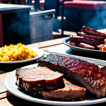 Texas BBQ Feast**

"A vibrant outdoor scene at a Texas BBQ joint, featuring a table laden with brisket, sausage, and ribs. Plates are piled high. Focus on the smoky textures and rich colors of the meat. The setting is a sunny afternoon. Safe for work, appropriate content, fully clothed patrons visible in the background, professional photography, natural body proportions, modest clothing, family-friendly setting."

**