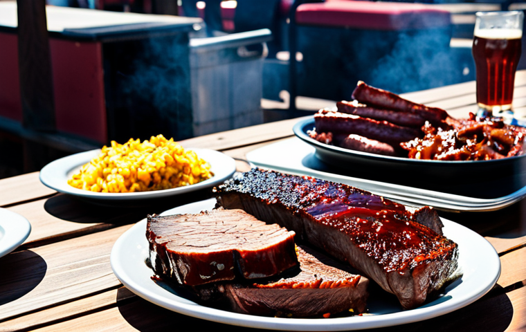 Texas BBQ Feast**
"A vibrant outdoor scene at a Texas BBQ joint, featuring a table laden with brisket, sausage, and ribs. Plates are piled high. Focus on the smoky textures and rich colors of the meat. The setting is a sunny afternoon. Safe for work, appropriate content, fully clothed patrons visible in the background, professional photography, natural body proportions, modest clothing, family-friendly setting."
**