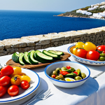 Mediterranean Feast**

"A sun-drenched outdoor table laden with a Mediterranean feast: olive oil, fresh vegetables (tomatoes, cucumbers, bell peppers), grilled fish, whole grain bread, and a bowl of olives. Background: a view of the Aegean Sea and white-washed buildings. Safe for work, appropriate content, fully clothed people enjoying the meal in the background, professional food photography, perfect anatomy in any visible people, natural proportions, modest attire, family-friendly."

**