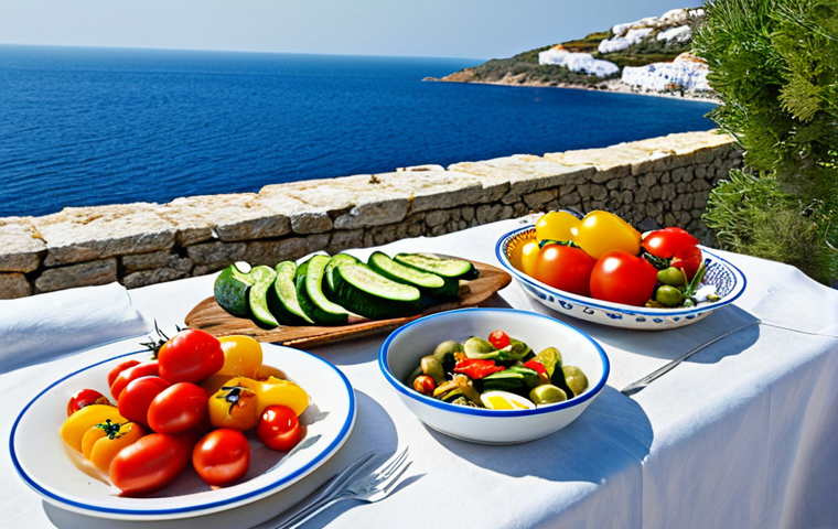 Mediterranean Feast**
"A sun-drenched outdoor table laden with a Mediterranean feast: olive oil, fresh vegetables (tomatoes, cucumbers, bell peppers), grilled fish, whole grain bread, and a bowl of olives. Background: a view of the Aegean Sea and white-washed buildings. Safe for work, appropriate content, fully clothed people enjoying the meal in the background, professional food photography, perfect anatomy in any visible people, natural proportions, modest attire, family-friendly."
**