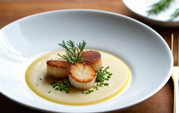 전통과 현대가 만나는 지역특산 음식 - Deconstructed New England Clam Chowder**
A highly detailed, overhead shot of a deconstructed New Eng...