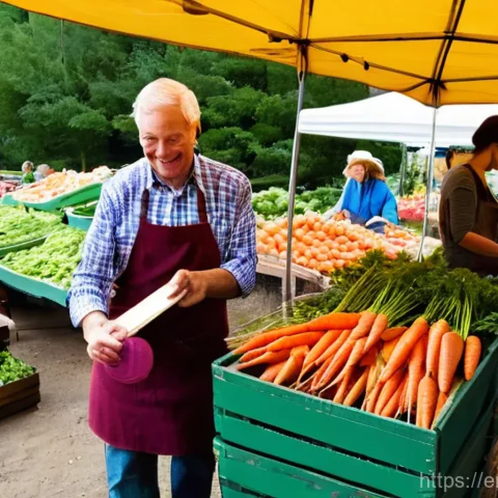 지역특산 음식의 맛을 더하는 비법 - **Vibrant Farmers' Market Abundance:**
A bustling outdoor farmers' market scene under soft, natu...
