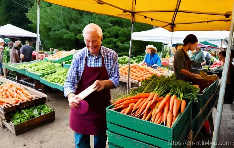 지역특산 음식의 맛을 더하는 비법 - **Vibrant Farmers' Market Abundance:**
A bustling outdoor farmers' market scene under soft, natu...