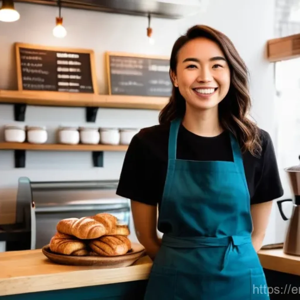 지역특산 음식 관련 유투버와 인플루언서 - **Prompt:** A dynamic, wide-angle shot capturing a friendly and enthusiastic female food influencer,...