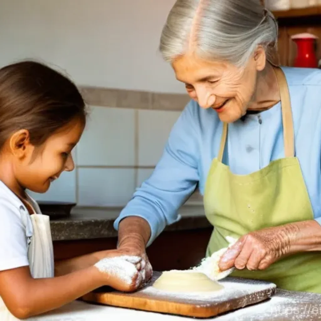 전통 방식으로 만드는 지역특산 음식을 배우기 - **Prompt:** A heartwarming scene in a rustic, sunlit kitchen. An elderly woman, with kind eyes and a...