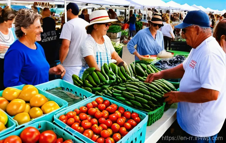 지역특산 음식의 상징성과 의미 - **A Vibrant Coastal Farmers Market:** A bustling outdoor farmers' market on a sunny Saturday morning...