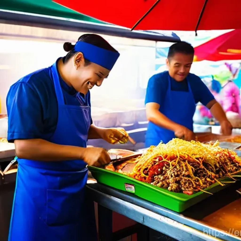 지역특산 음식으로 해외 진출하기 - **Prompt:** A vibrant, bustling outdoor market scene in a warm, sunny location, perhaps a Southeast ...