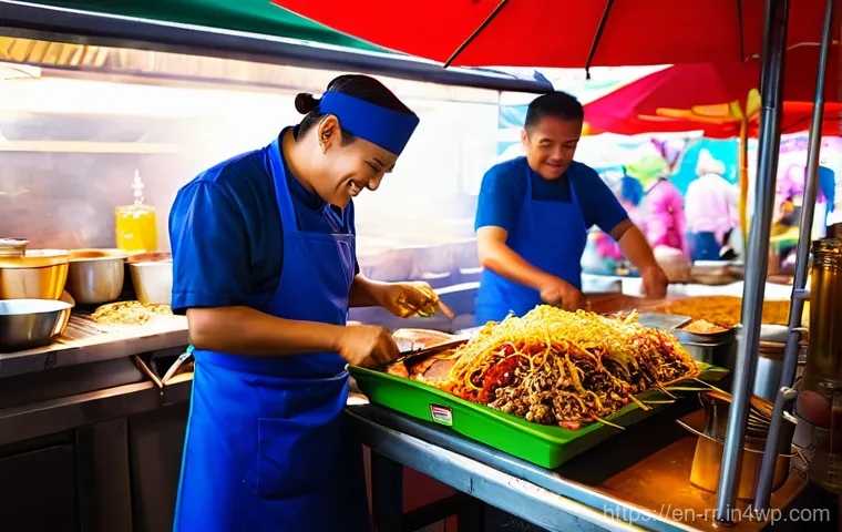 지역특산 음식으로 해외 진출하기 - **Prompt:** A vibrant, bustling outdoor market scene in a warm, sunny location, perhaps a Southeast ...