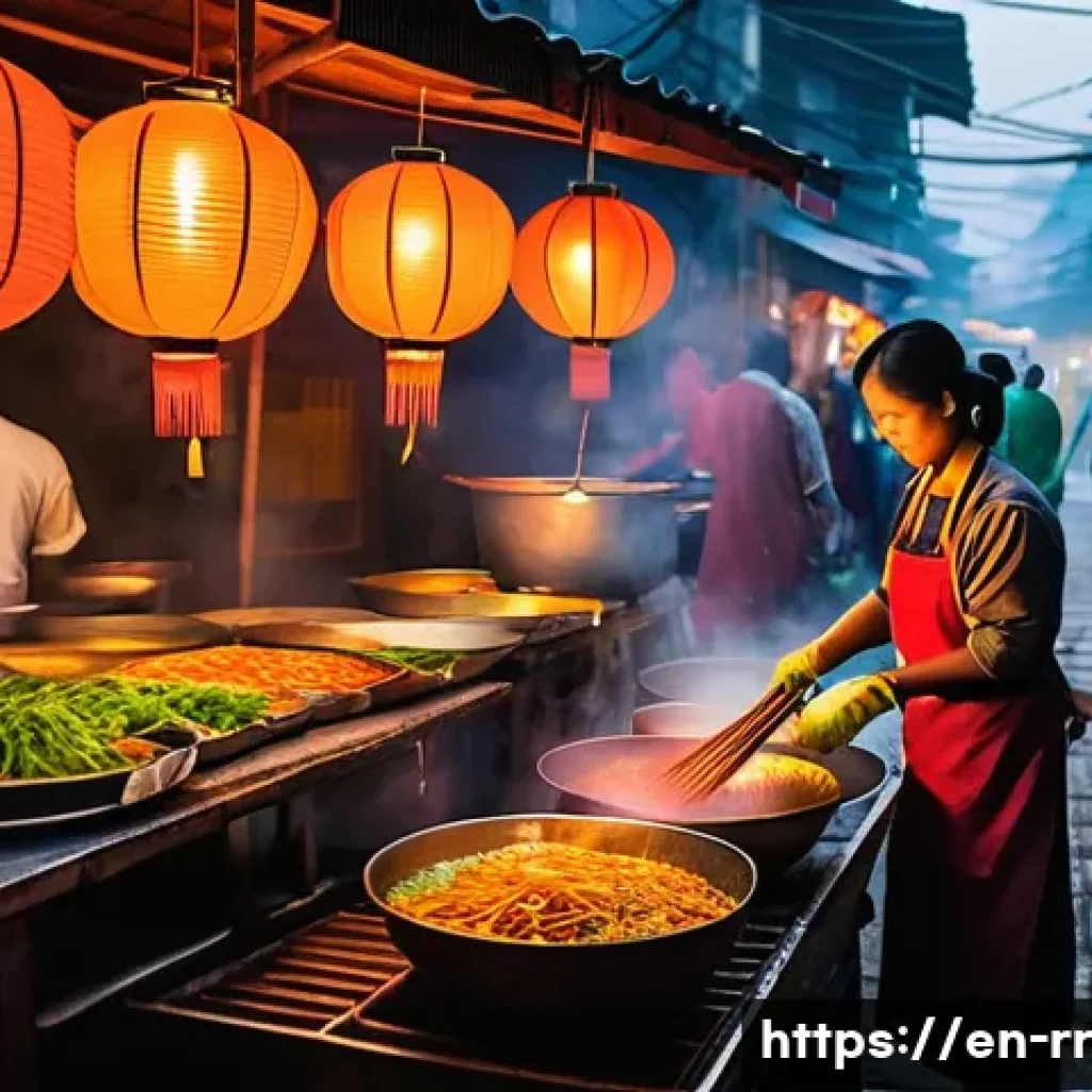 지역특산 음식과 관련된 여행 팁 - A bustling street food market scene at night in a vibrant Southeast Asian city. The air is thick wit...
