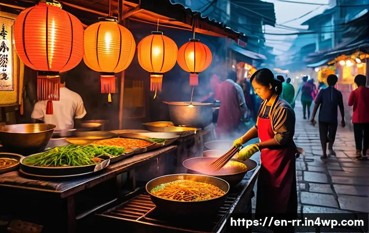 지역특산 음식과 관련된 여행 팁 - A bustling street food market scene at night in a vibrant Southeast Asian city. The air is thick wit...