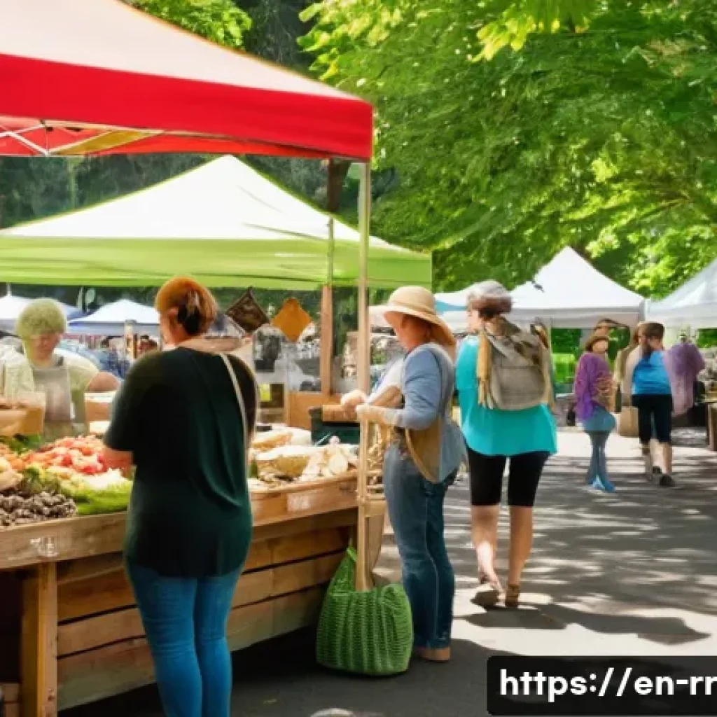 지역특산 음식을 활용한 푸드 페어 - A bustling outdoor food market scene in the Pacific Northwest during summer, featuring vibrant stall...