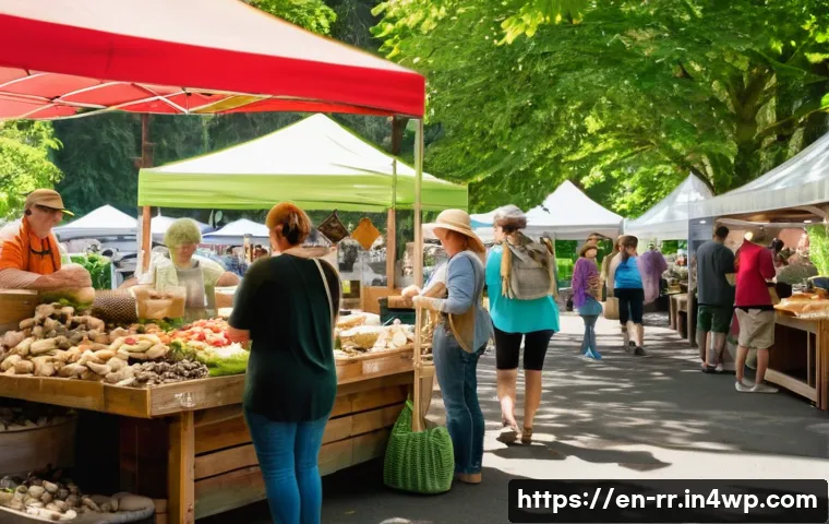 지역특산 음식을 활용한 푸드 페어 - A bustling outdoor food market scene in the Pacific Northwest during summer, featuring vibrant stall...