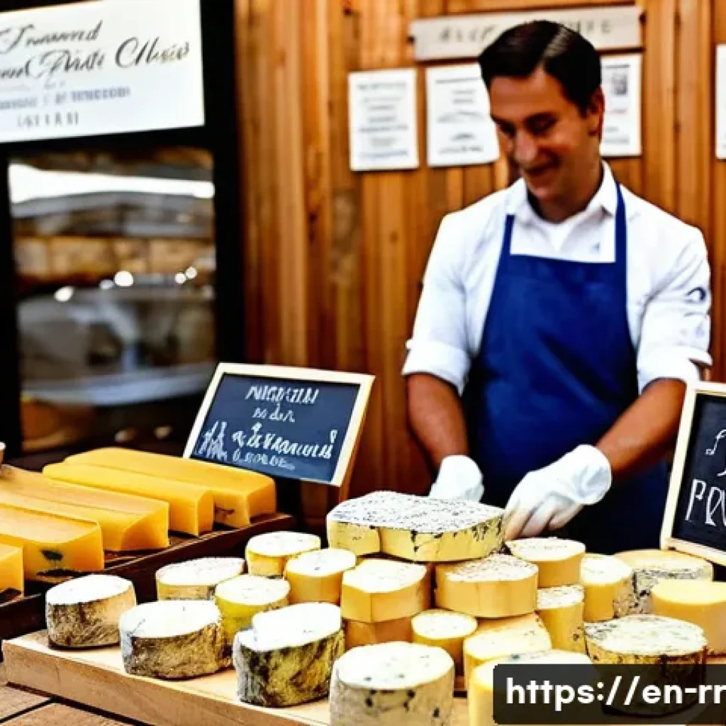 지역특산 음식의 구매 시 주의사항 - A vibrant local farmers&rsquo; market stall showcasing authentic artisanal cheeses and cured meats, with c...