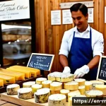 Home 22 지역특산 음식의 구매 시 주의사항 - A vibrant local farmers’ market stall showcasing authentic artisanal cheeses and cured meats, with c...
