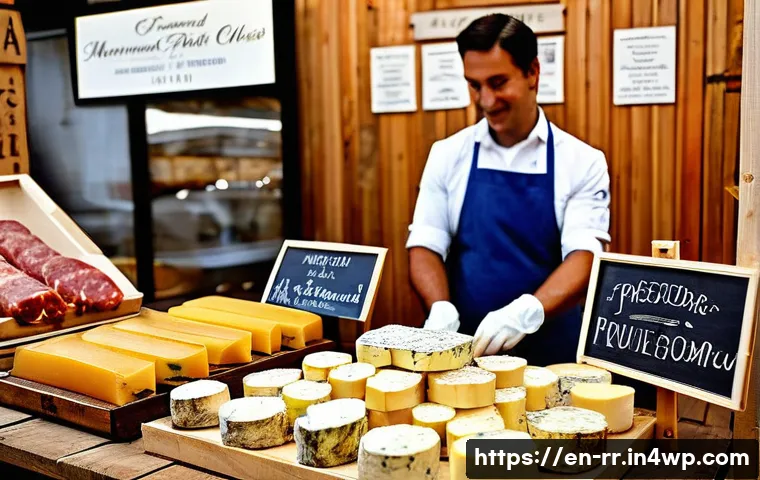 지역특산 음식의 구매 시 주의사항 - A vibrant local farmers’ market stall showcasing authentic artisanal cheeses and cured meats, with c...