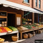 Home 21 지역특산 음식의 효과적인 홍보 방법 - A vibrant farmers’ market scene in a small American town during late summer, featuring diverse local...