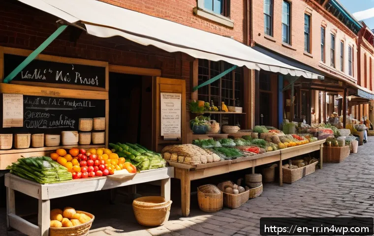 지역특산 음식의 효과적인 홍보 방법 - A vibrant farmers’ market scene in a small American town during late summer, featuring diverse local...