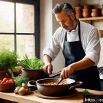 Home 20 지역특산 음식의 지속 가능성에 대한 연구 - A rustic kitchen scene showcasing a chef preparing a traditional slow-cooked stew using heirloom veg...