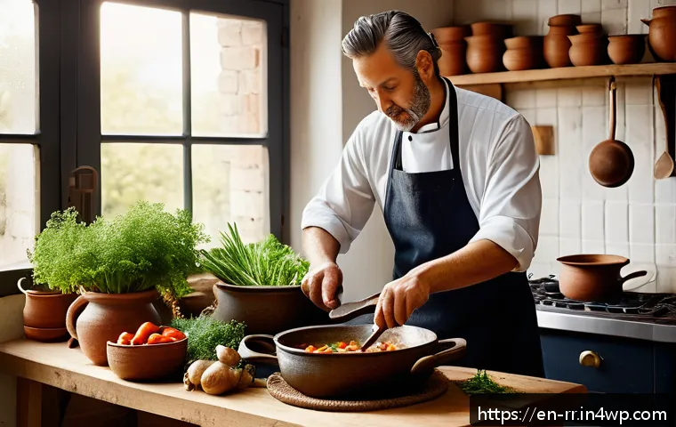 지역특산 음식의 지속 가능성에 대한 연구 - A rustic kitchen scene showcasing a chef preparing a traditional slow-cooked stew using heirloom veg...