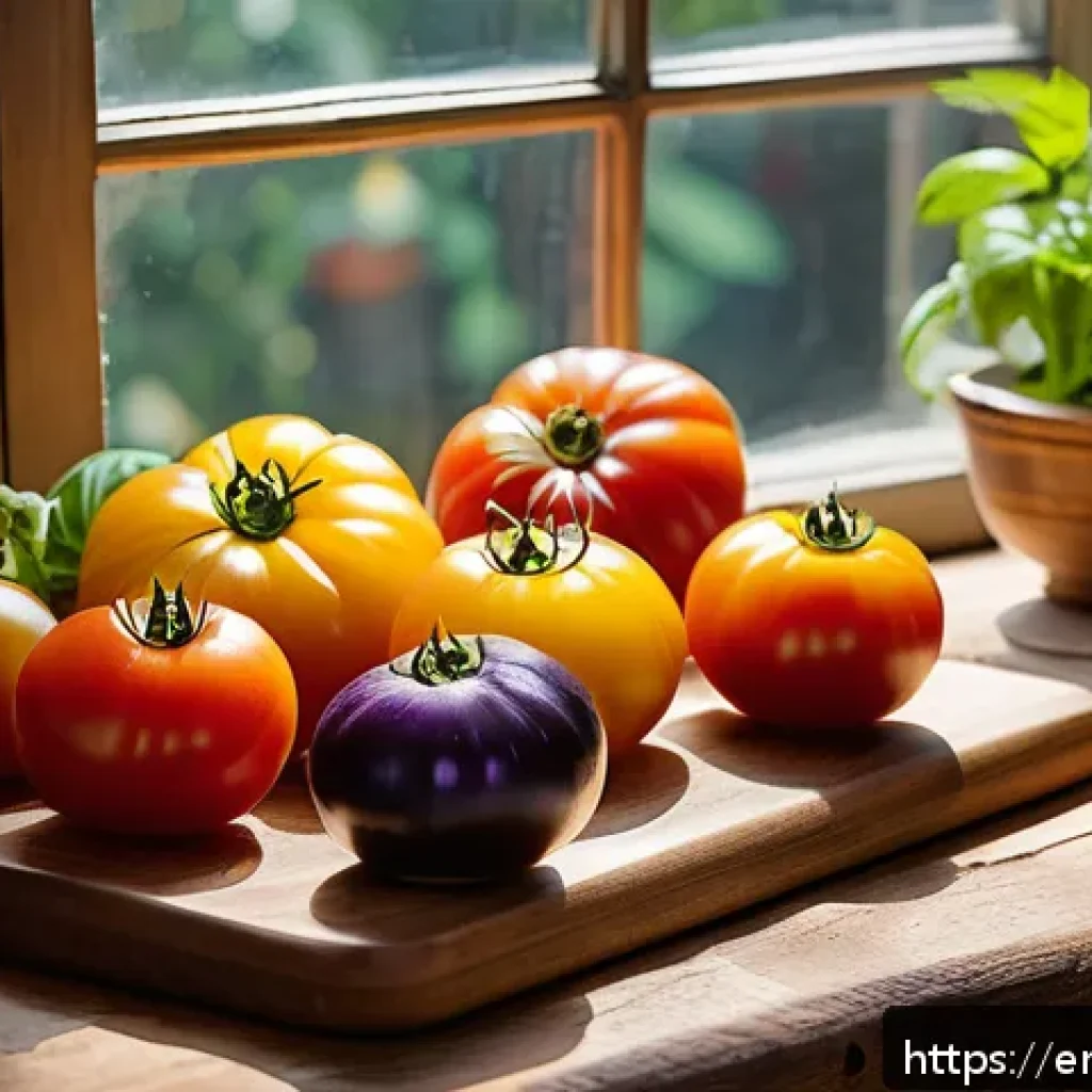 지역특산 음식을 활용한 요리 레시피 - A rustic kitchen scene featuring a vibrant assortment of heirloom tomatoes in various colors—red, ye...