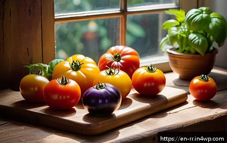 지역특산 음식을 활용한 요리 레시피 - A rustic kitchen scene featuring a vibrant assortment of heirloom tomatoes in various colors—red, ye...