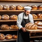 Home 18 지역특산 음식의 인증 및 표준화 - A rustic artisan bakery interior showcasing a skilled baker in traditional attire carefully shaping ...
