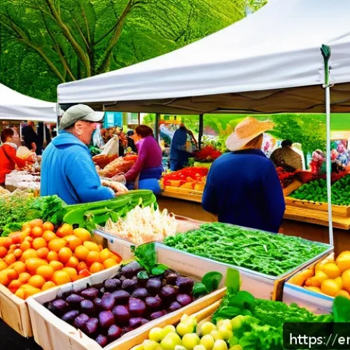 Home 17 전통시장과 지역특산 음식 체험 - A bustling farmers’ market scene on a sunny morning, featuring diverse stalls with colorful fresh pr...