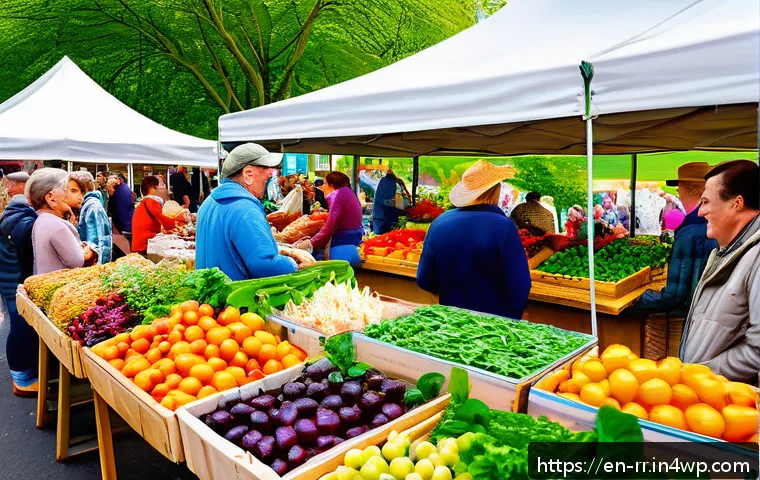 전통시장과 지역특산 음식 체험 - A bustling farmers’ market scene on a sunny morning, featuring diverse stalls with colorful fresh pr...