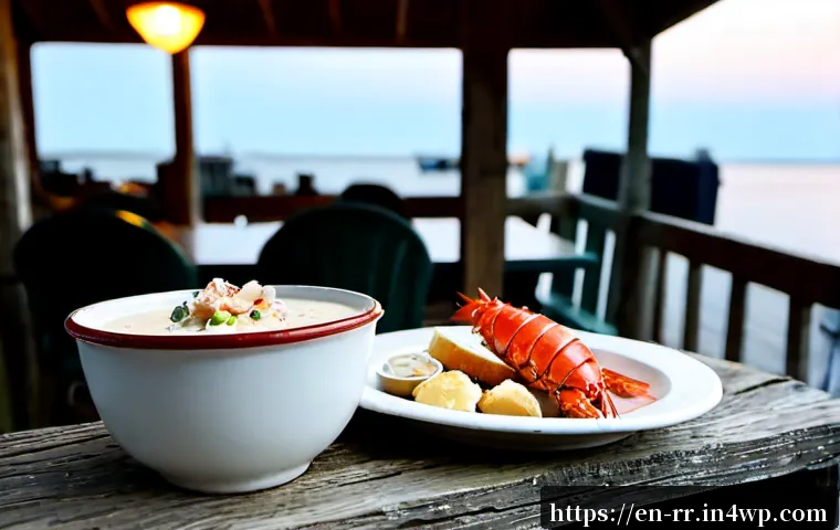 Home 30 전국 각지의 유명한 특산 음식 탐방 - Photorealistic travel food scene in a rustic New England seafood shack, a steaming bowl of creamy cl...