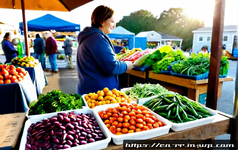 Home 17 비건을 위한 지역특산 음식 탐색 - Photorealistic farmers’ market in a small American coastal town, an adult shopper comparing colorful...