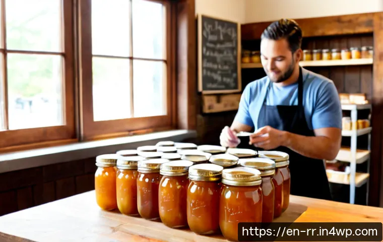 지역특산 음식을 활용한 창업 아이디어 - Photorealistic small business startup scene in a bright American farmers market kitchen, a confident...