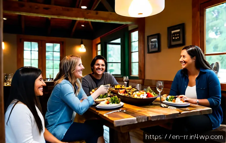 소셜 다이닝과 지역특산 음식의 만남 - Photorealistic social dining scene in a cozy farm-to-table restaurant in the American Pacific Northw...